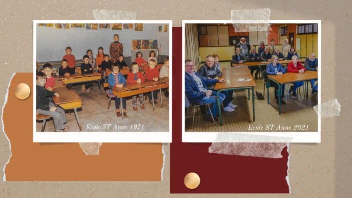 La photo de classe de CE1-CE2 de 1971 à gauche, et les mêmes élèves en 2021 à droite. (Theo Corre)