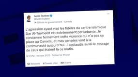 Le Premier ministre canadien Justin Trudeau dénonce une attaque contre une mosquée le 19 mars 2022