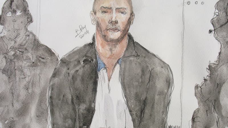 Un croquis représentant de Mehdi Nemmouche, réalisé le 26 juin 2014 au cours d'une audition au tribunal de Versailles.