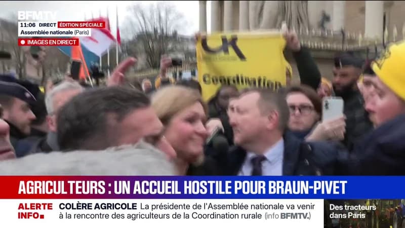 Yaël Braun-Pivet reçoit un accueil hostile des agriculteurs présents devant l'Assemblée
