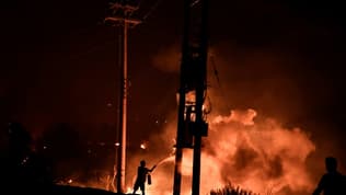 Un homme utilise un extincteur pour tenter de lutter contre un incendie de forêt à Dekelia (Grèce), au nord d'Athènes, le 3 août 2021