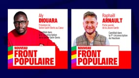 Les photos de campagne des candidats investis par la France insoumise dans le cadre du Nouveau Front populaire Aly Diouara et Raphaël Arnault, publiées le 14 juin sur X (anciennement Twitter)