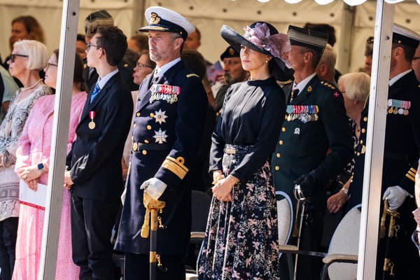 Crown Prince Frederik of Denmark (CL) and Crown Princess Mary of Denmark (CR) attend a wreath-laying ceremony on the occasion of the annual Flag Day, at Kastellet in Copenhagen, Denmark, on September 5, 2023 .