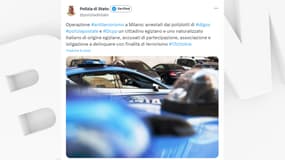 Une publication de la police italienne annonçant sur X (anciennement Twitter) l'arrestation de deux hommes en lien avec des soupçons de financement de l'État islamique, le 17 octobre 2023.