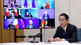 Fumio Kishida, le Premier ministre japonais lors de la réunion extraordinaire du G7. 