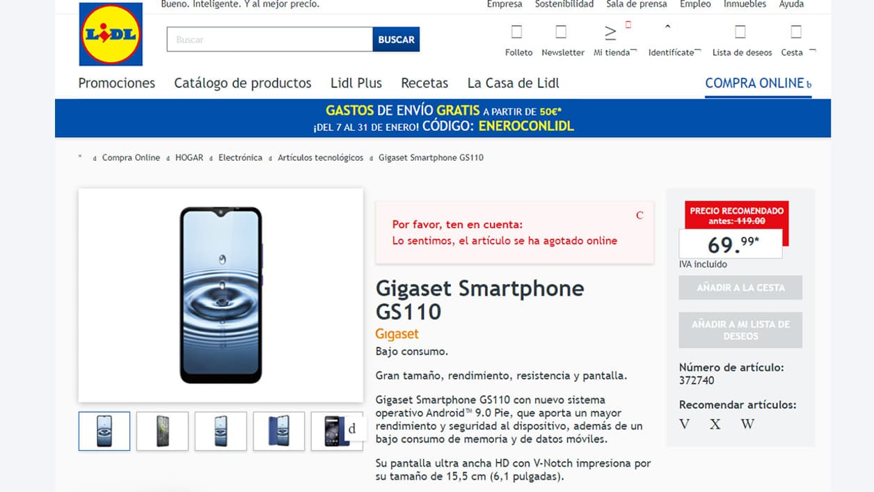 Capture d'écran du site espagnol de Lidl
