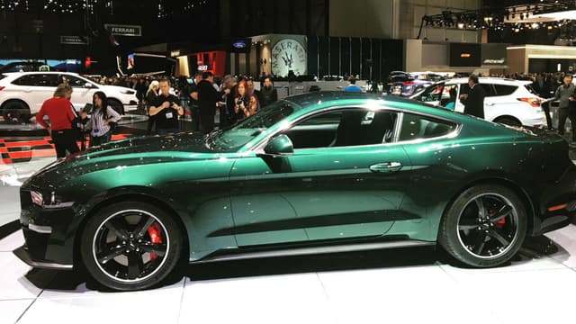 La série limitée 'Bullitt' de la Ford Mustang, exposée au salon automobile de Genève (Suisse).
