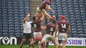 Des joueurs de la sélection géorgienne de rugby lors d'un match de l'Autumn Nations Cup face aux Fidji en décembre 2020 au stade Murrayfield, en Ecosse