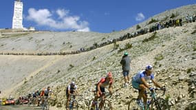 Groupe de coureurs du Tour de France lors de l'ascension du Mont Ventoux, le 13 juin 2001 
