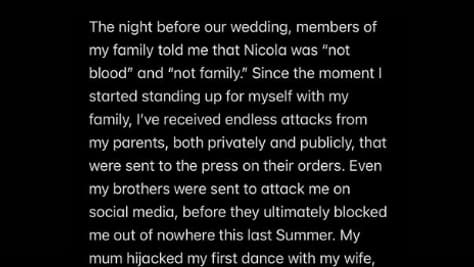 Dans une story Instagram postée le 19 janvier 2026, Brooklyn Beckham accuse notamment sa mère d'avoir tenté de saboter son mariage.