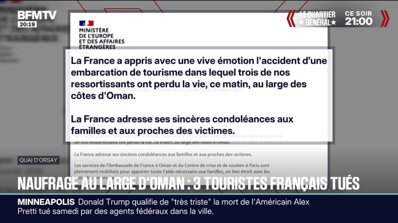 La réaction du ministère des Affaires étrangères après la mort de trois touristes français dans un naufrage au large d'Oman