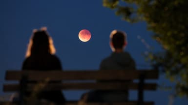 Des spectateurs observent l'éclipse lunaire totale depuis un banc public à Leipzig  en Allemagne. 