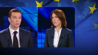 Jordan Bardella, tête de liste RN, et Valérie Hayer, tête de liste de la majorité présidentielle, lors d'un débat sur BFMTV à l'occasion des élections européennes.