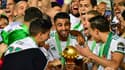 La joie des Algériens et de Riyad Mahrez (au centre) après le sacre de l'Algérie lors de la Coupe d'Afrique des Nations 2019 au Caire, en Egypte, le 19 juillet 2019