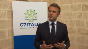 Le président de la République Emmanuel Macron lors d'un point presse en marge du G7 en Italie, le 13 juin 2024.