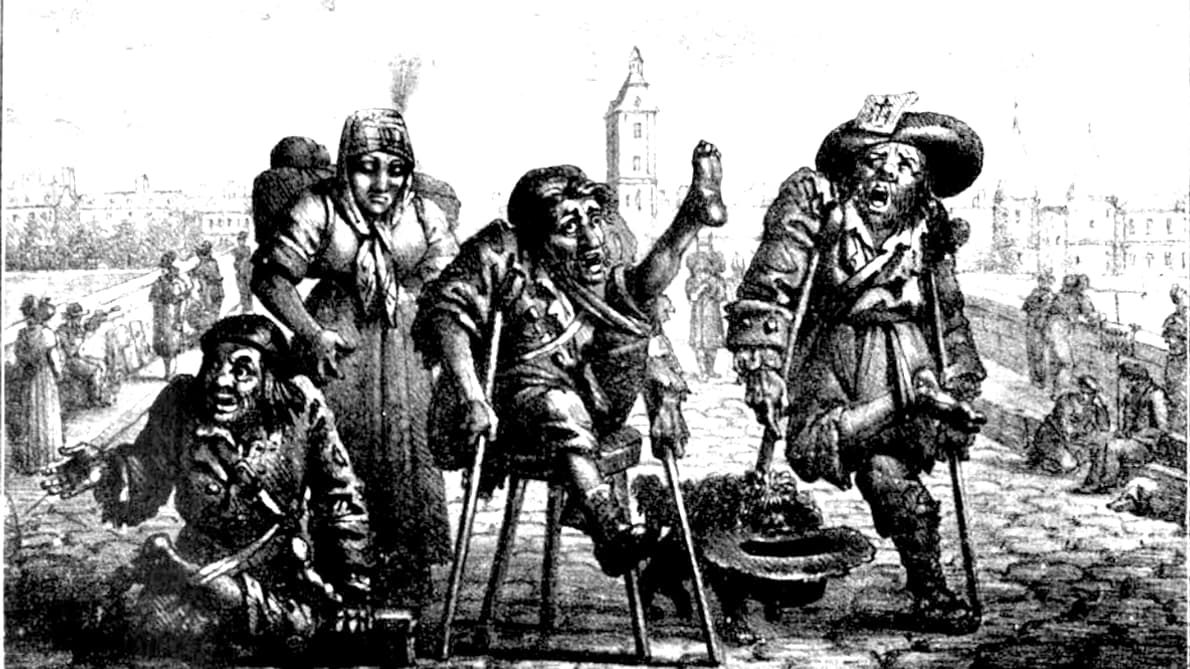 Quatre mendiants au Pont au Change, gravure de Jean Henry Marlet. Quatre mendiants au Pont au Change, gravure de Jean Henry Marlet.
