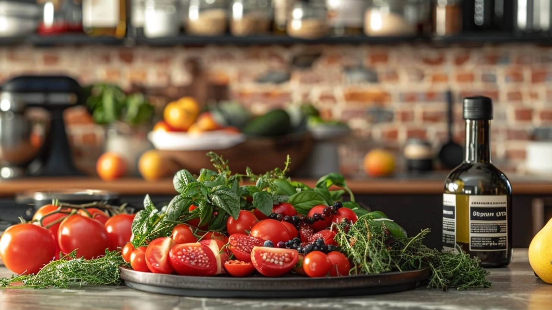 Sur cette photo de couverture, les grains des tomates sont étranges et le contenu sur la bouteille d'huile est illisible. Sur cette photo de couverture, les grains des tomates sont étranges et le contenu sur la bouteille d'huile est illisible.