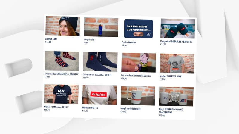 Des articles en vente en ligne sur la boutique des "Jeunes avec Macron", lancée le 21 juillet 2021.