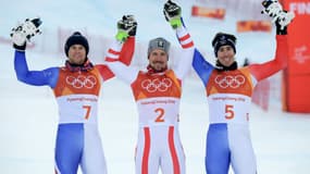 Le podium du combiné avec Alexis Pinturault (gauche), Marcel Hirscher (centre) et Victor Muffat-Jeandet (droite)