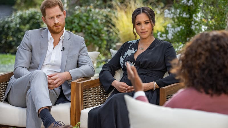 Meghan Markle, Harry et Oprah Winfrey lors de l'interview sur CBS le 7 mars 2021.