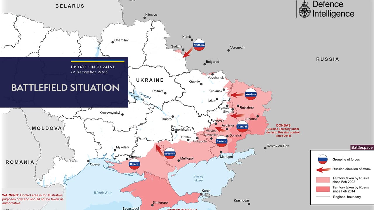 Carte de la situation militaire en Ukraine au 12 décembre 2025 réalisée par le renseignent militaire britannique