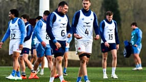François Cros et Alexandre Roumat à l'entrainement, à Marcoussis, avant le match Italie-France, le 18 février 2025