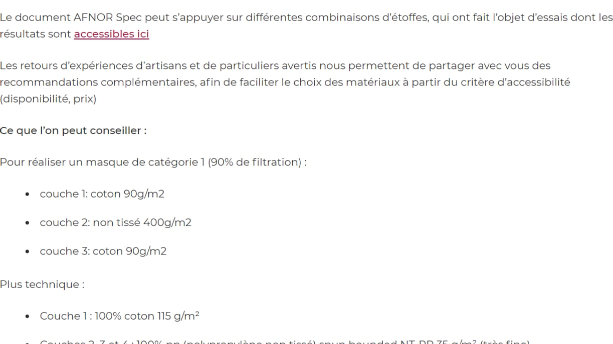 Les recommandations pour les masques "faits maison" publiées au printemps par l'AFNOR.