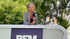 Elisabeth Borne sur le plateau de BFM Business à la REF du Medef le 28 aout 2023