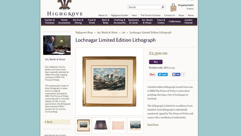 Une lithographie du prince Charles, en édition limitée, à vendre sur la boutique de Highgrove House. Une lithographie du prince Charles, en édition limitée, à vendre sur la boutique de Highgrove House.