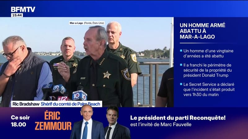 Homme abattu chez Donald Trump: "Porteur d'une canette de gaz et d'une arme à feu", détaille le shérif du comté de Palm Beach s'exprime