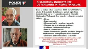 Un avis de disparition inquiétante de Pierre Cros dans la nuit du 10 au 11 octobre 2024 à Marseille (Bouches-du-Rhône).