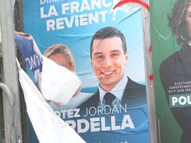 Une affiche pour le RN sur un panneau électoral pour les élections européennes.