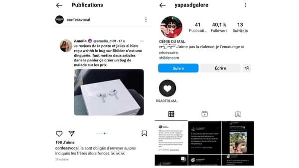 Deux comptes Instagram faisant la promotion du site shilder.com