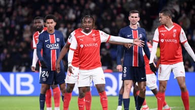 Valentin Atangana Edoa avec Reims face au PSG en Ligue 1, le 25 janvier 2025