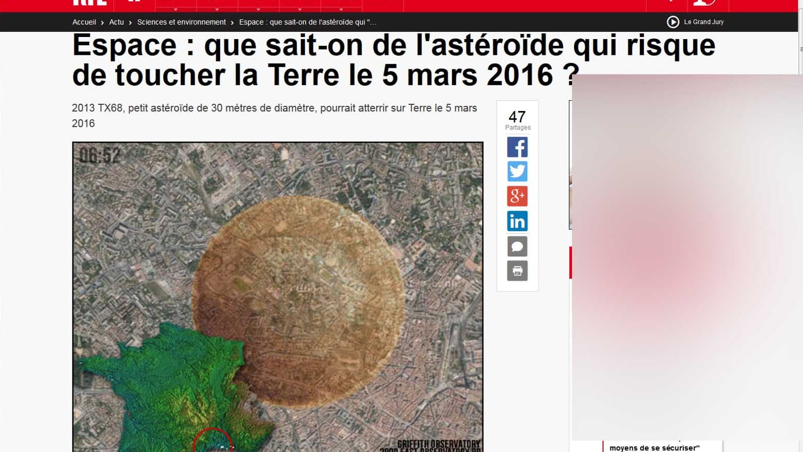 Le faux article de RTL faisant état de la prochaine collision et créé avec clonezone. Averstissement: la publicité pornographique a été floutée.