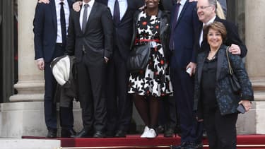 Jean-Marie Girier, Sylvain Fort, Stephane Sejourné, Sibeth Ndiaye, Julien Denormandie, Benjamin Griveaux, Arnaud Leroy, Richard Ferrand et Bariza Khiari, soutiens d'Emmanuel Macron, lors de sa prise de fonctions à l'Elysée.