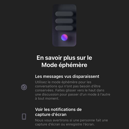 Capture d'écran des informations de Messenger au sujet des messages éphémères