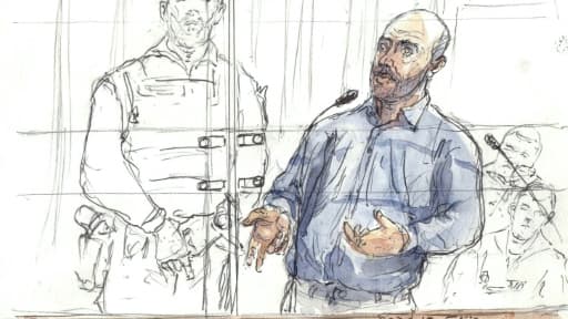 Croquis d'audience du braqueur multirécidiviste Redoine Faïd, devant la cour d'assises de Paris, le 2 mars 2016