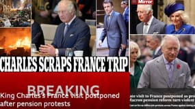 Les titres de la presse britannique, après l'annonce du report de la visite de Charles III en France.