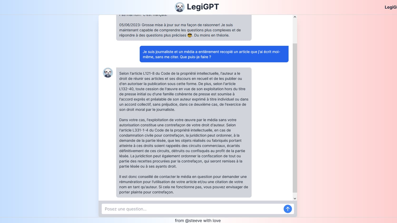 Question posée à LegiGPT