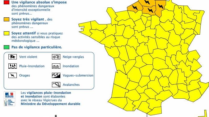 Carte de la France du mercredi 11 mai 2016 (après-midi), exposée à la vigilance orange.