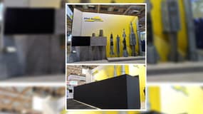 Un stand d'une entreprise d'armement israélienne en partie caché par un drap noir le lundi 16 juin 2025 au Salon de Bourget. 