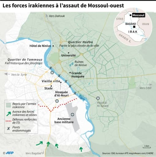 Carte montrant l'avance des forces irakiennes contre l'EI à Mossoul avec les points clés de la ville et les quartiers repris