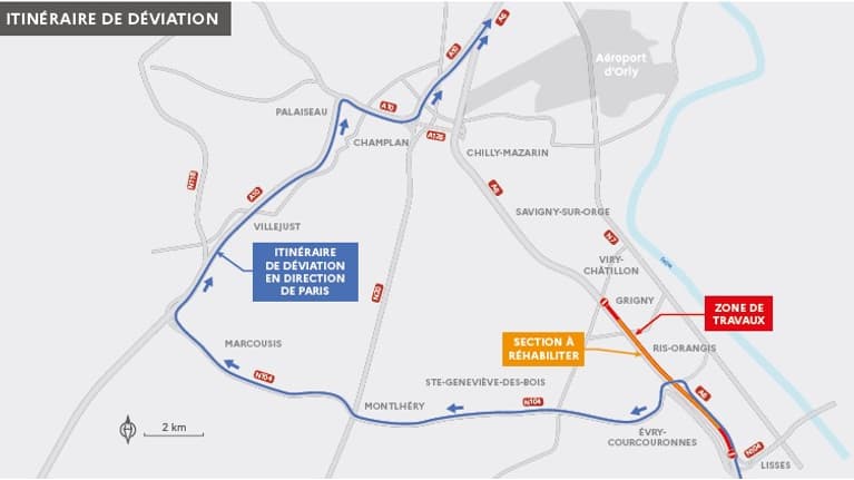 La carte publiée par la DiRIF pour proposer une solution de repli aux automobilistes. La carte publiée par la DiRIF pour proposer une solution de repli aux automobilistes.