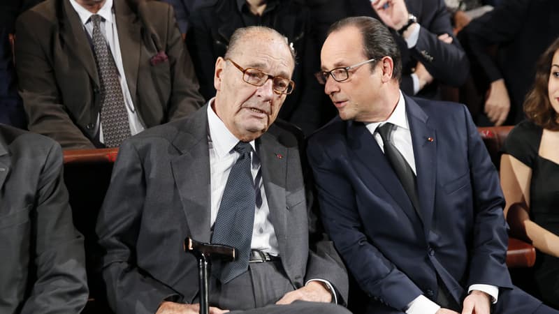 Jacques Chirac et François Hollande en novembre 2014 au musée du Quai Branly, à Paris. 