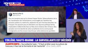 Surveillante tuée à Nogent: Marine Le Pen critique "l'apathie des pouvoirs publics à mettre fin" à l'ultraviolence