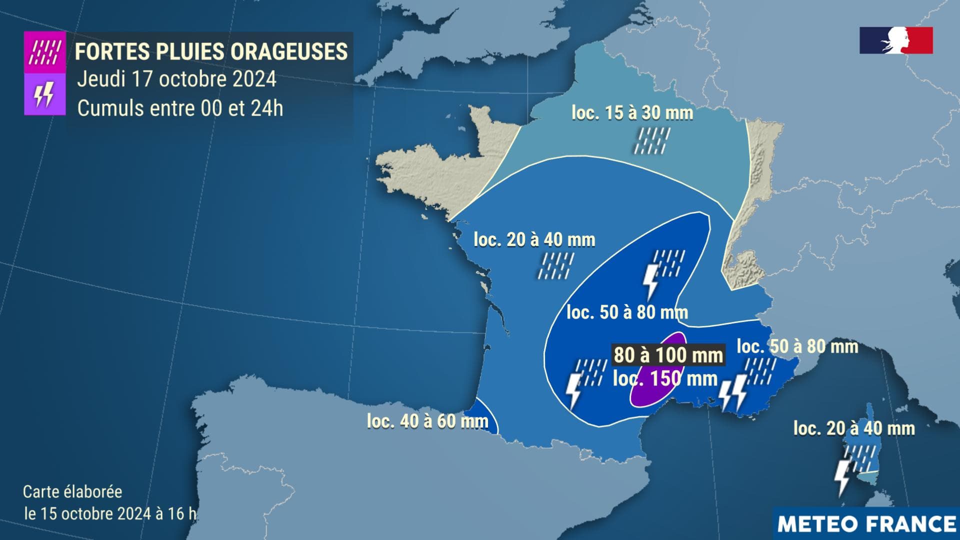 Météo-France prévoit de fortes pluies sur l'Hexagone ce jeudi 17 octobre 2024, en particulier dans le sud du pays 