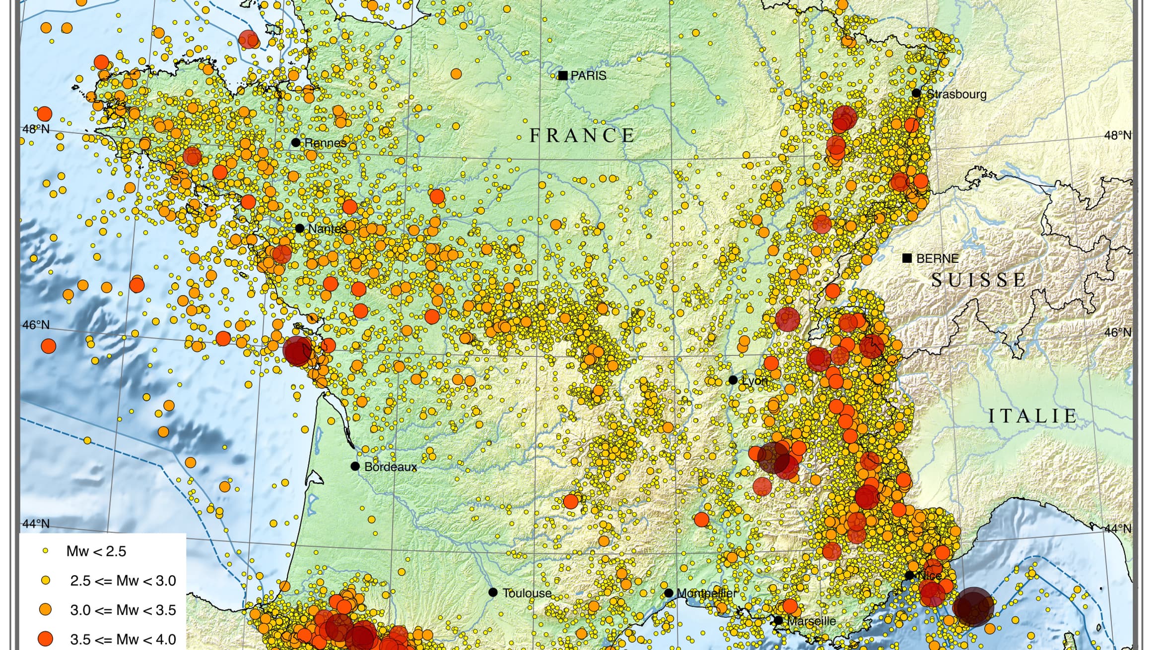 Carte des séismes en France métropolitaine de 1962 à 2018.