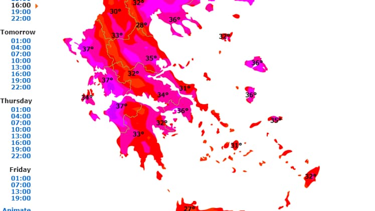 Carte des températures en Grèce mardi 22 août 2023.