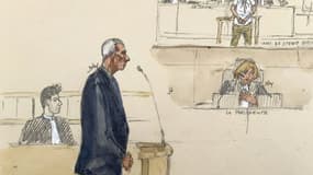 Ce croquis d'audience, réalisé le 10 juin 2024 au tribunal de Rennes, montre le commissaire Grégoire Chassaing, poursuivi pour la mort de Steve Maia Caniço, durant la Fête de la musique à Nantes en 2019